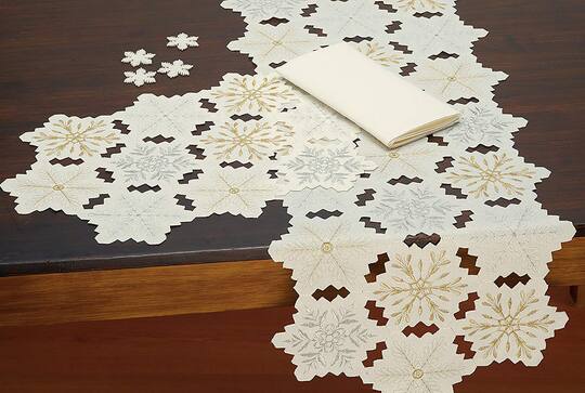 DII® 54" White and Gold Embroidered Snowflakes Table Runner